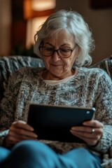 Elderly lady with glasses reading on a digital tablet indoors.