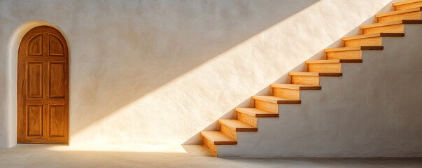 A serene staircase leading to a wooden door illuminated by warm sunlight.