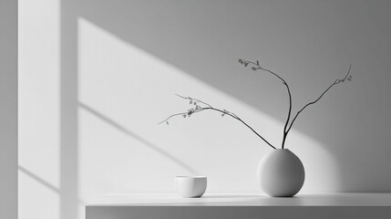 Minimalist scene: vase, branch, cup, sunlight, white.