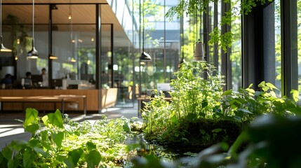Obraz premium Modern Office Interior Design Lush Greenery Plants Sunlight Bright Workspace Tranquil Atmosphere Peaceful Environment Natural Elements Sustainable Design Eco 