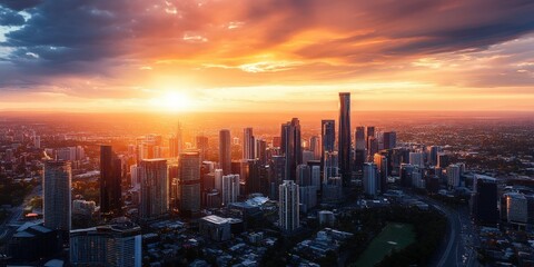 A cityscape at sunset with stunning photorealistic details