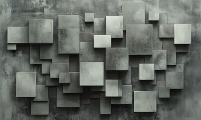 An arrangement of small square shapes in varying sizes and orientations on a grey background,