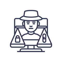A figure in a hat between scales with a lock and pill, symbolizing ethical dilemmas.