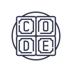 Outlined blocks spelling 'CODE' symbolize programming and development tools.