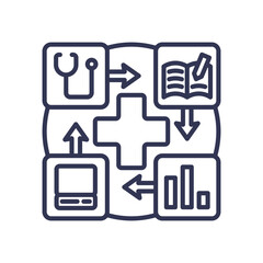 Icons of healthcare, education, technology, and data interconnected.
