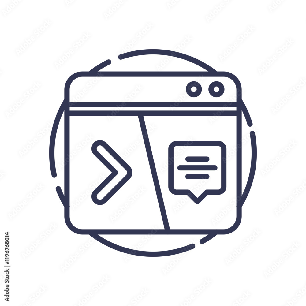 Poster illustration of a web interface with code and chat icons, symbolizing digital collaboration and comm