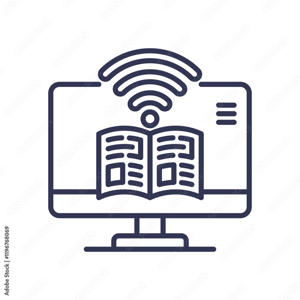Poster monitor with open book and wi-fi symbol, symbolizing digital learning and connectivity.