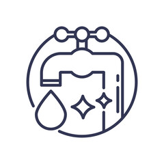 Line art of a faucet with water drop and sparkles, symbolizing clean water access.