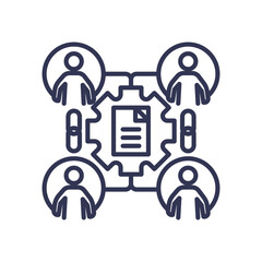 Four people connected around a document, symbolizing teamwork and collaboration.