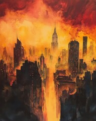 A cityscape watercolor with dramatic use of light and shadows