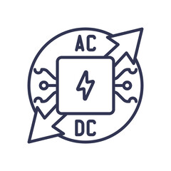 Illustration of AC to DC conversion with arrows and circuit symbol.