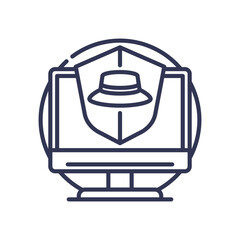 Computer with shield and hat symbolizing cybersecurity and protection against cyber threats.