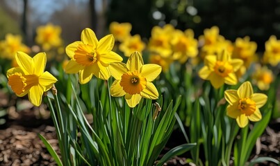 Bright yellow flowers bloom in a sunlit garden during a warm spring afternoon