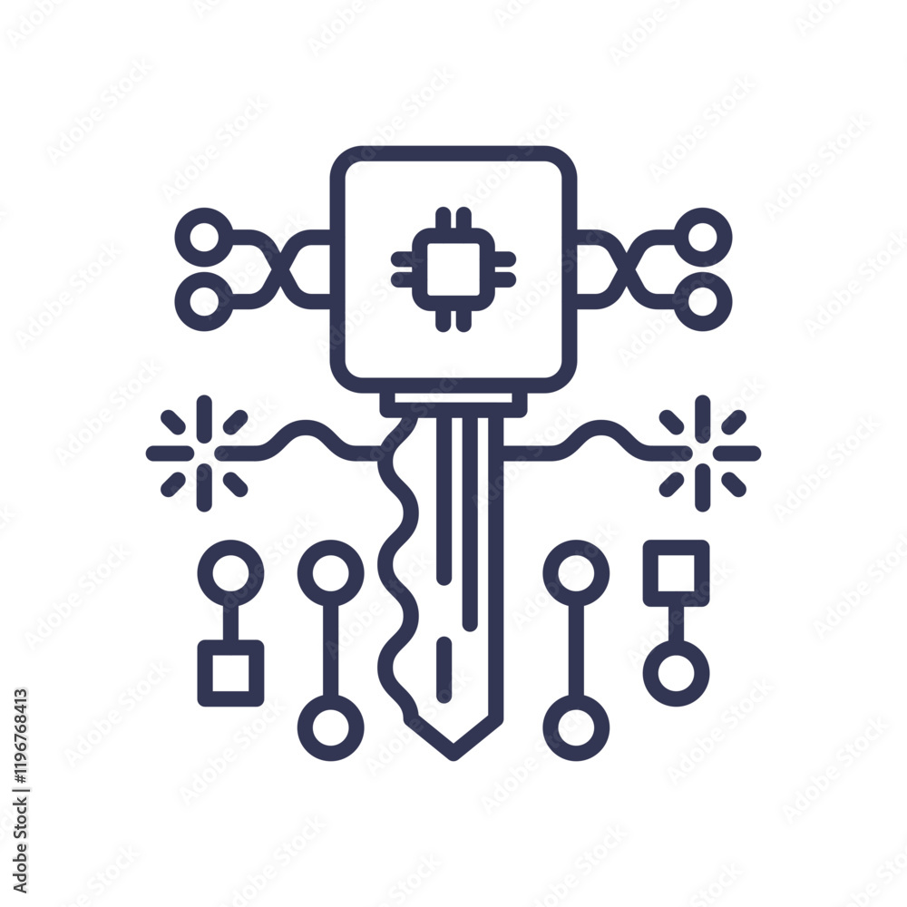Poster digital key with circuit elements symbolizes encryption technology.
