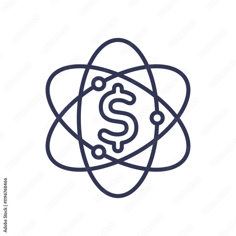 Poster dollar sign within atomic structure symbolizes financial innovation and integration.