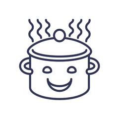 A smiling cooking pot with steam, symbolizing joy in cooking.