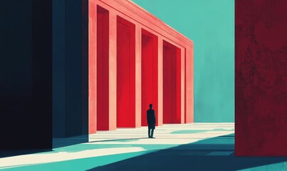 Solitary figure stands before red structure, teal backdrop.