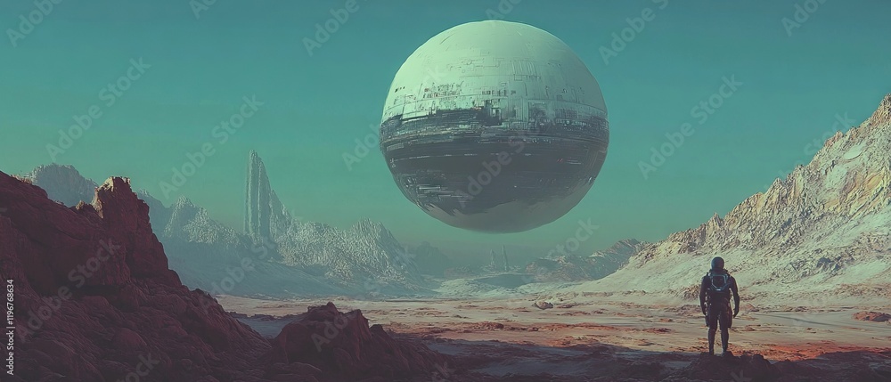 Poster spaceship orbits a distant planet with remarkable features and vibrant colors in deep space