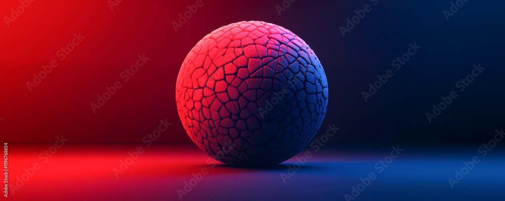 Poster a textured sphere illuminated with a blend of red and blue lights, casting shadows.