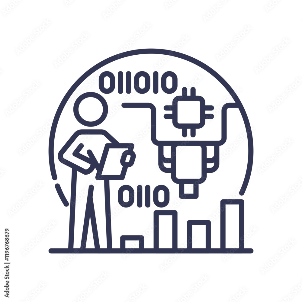 Poster illustration of a person with a tablet, binary code, and a robot, symbolizing digital learning and t