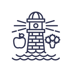 Lighthouse guiding healthy choices with apple and broccoli.