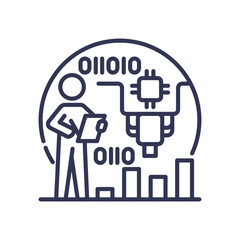Illustration of a person with a tablet, binary code, and a robot, symbolizing digital learning and technology.