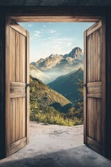 An inviting wooden door reveals a breathtaking mountain landscape