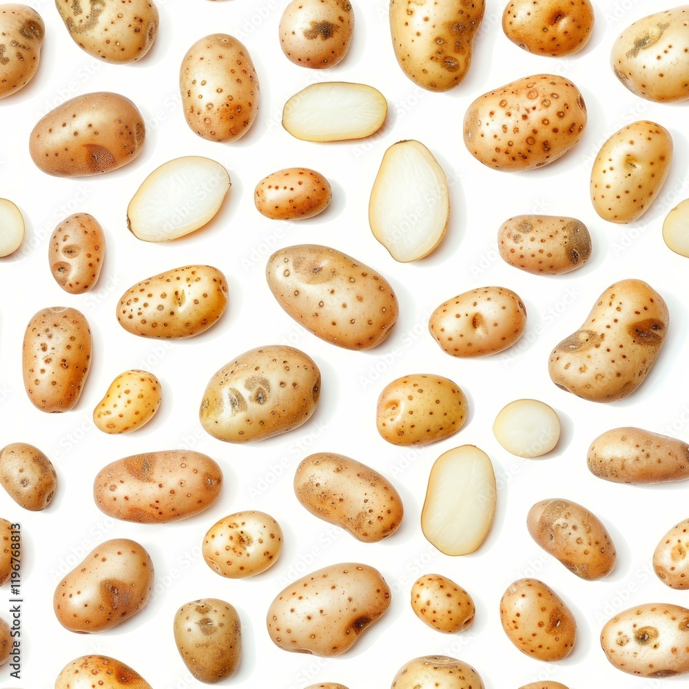 Poster fresh raw potatoes, whole and halved, creating a visually appealing pattern on a clean white backdro