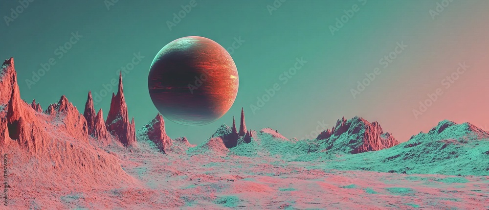 Poster spaceship orbits a distant planet with stunning mountains and colorful landscape in space