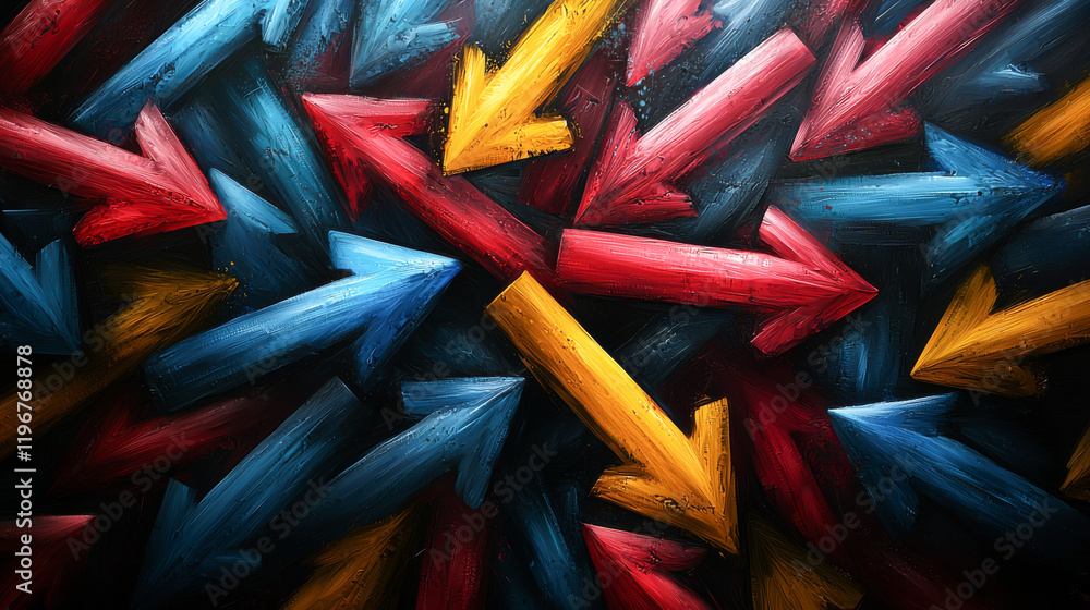 Poster a vibrant array of colorful arrows pointing in various directions, symbolizing choices.