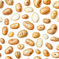 Fresh raw potatoes, whole and halved, creating a visually appealing pattern on a clean white backdrop