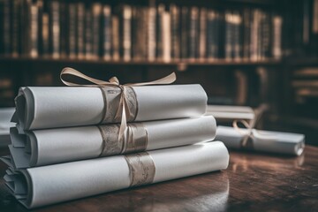 Elegant Stack of Diplomas on Desk in Formal Setting