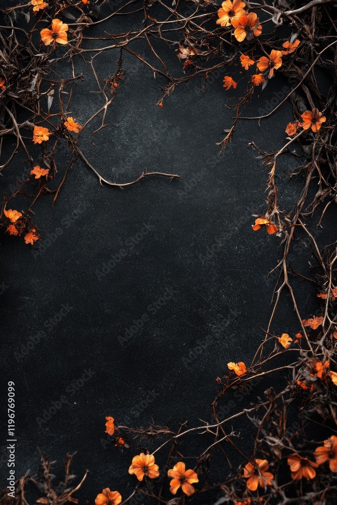Poster seasonal autumn leaves and twigs arranged on a black textured surface creating an elegant and unique