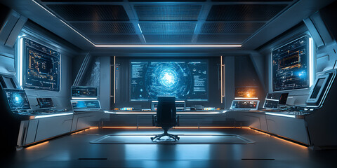 Advanced control room with cutting-edge technology and digital screens, High-tech operations center with futuristic interface and data displays, Futuristic boardroom with holographic technology 