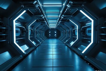 Futuristic tunnel with neon lights and advanced technology.