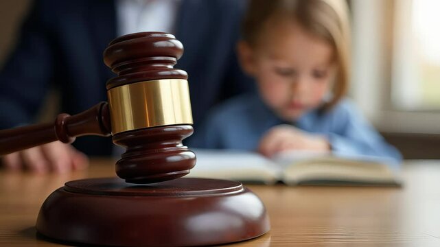 Close up court judge gavel at wooden table. Background is little kid, child