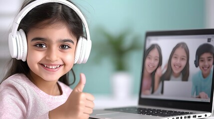 A joyful young girl wearing white headphones, seated at a laptop and engaged in a virtual meeting with three friends visible on the screen. The blurred background creates a warm