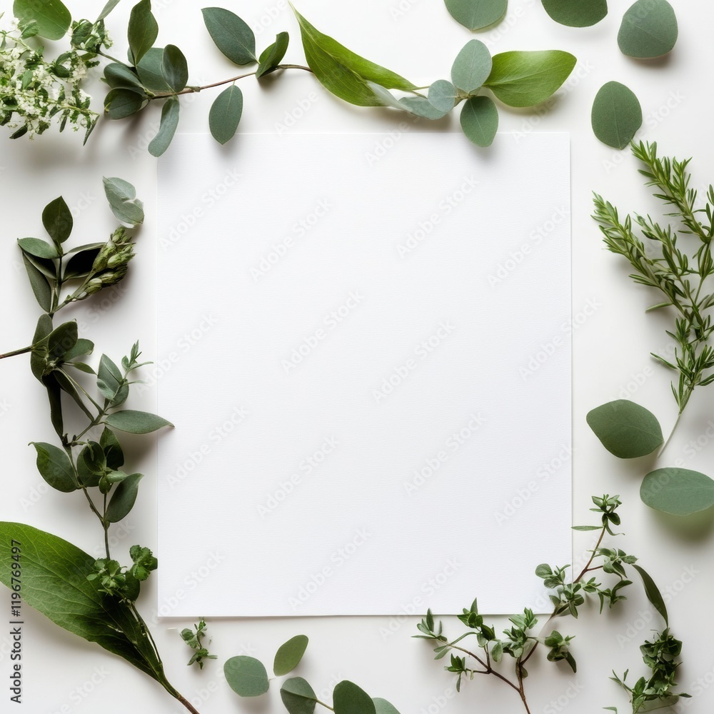 Poster blank paper surrounded by various green foliage arranged neatly on a light surface for creative use.