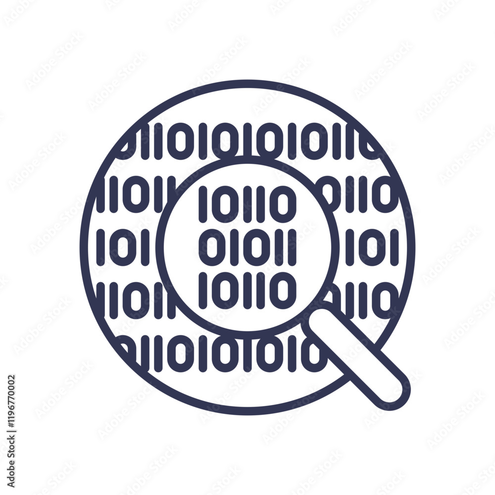 Poster magnifying glass over binary code, symbolizing data investigation.
