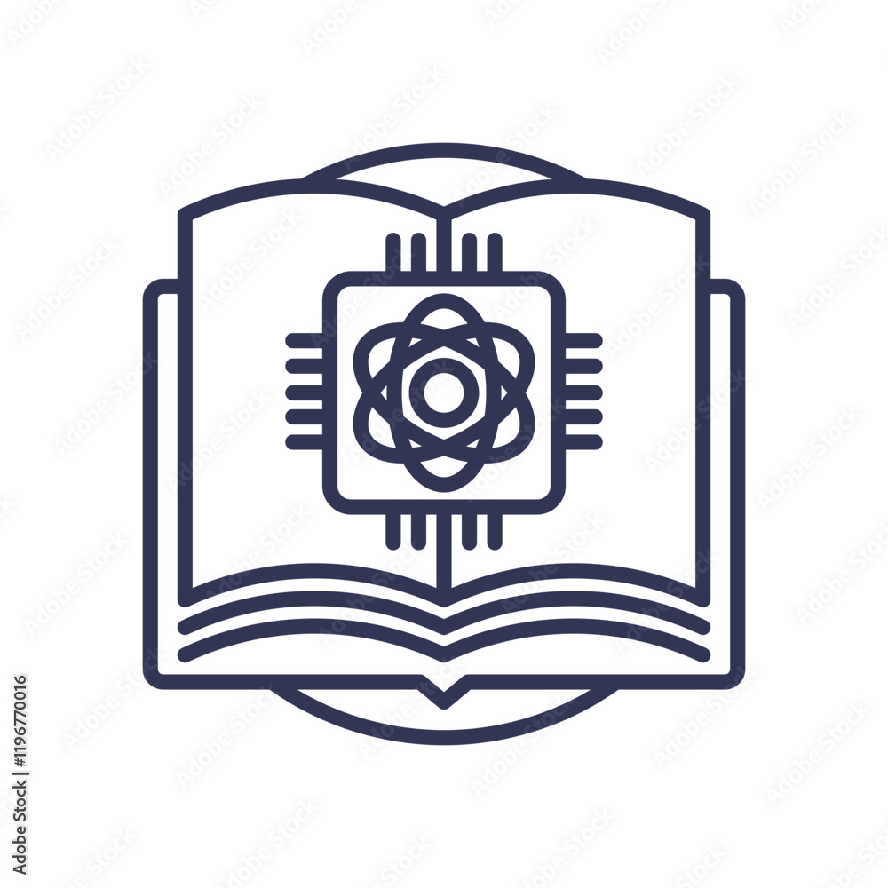 Aufkleber open book with an atom symbol, representing the fusion of knowledge and technology.