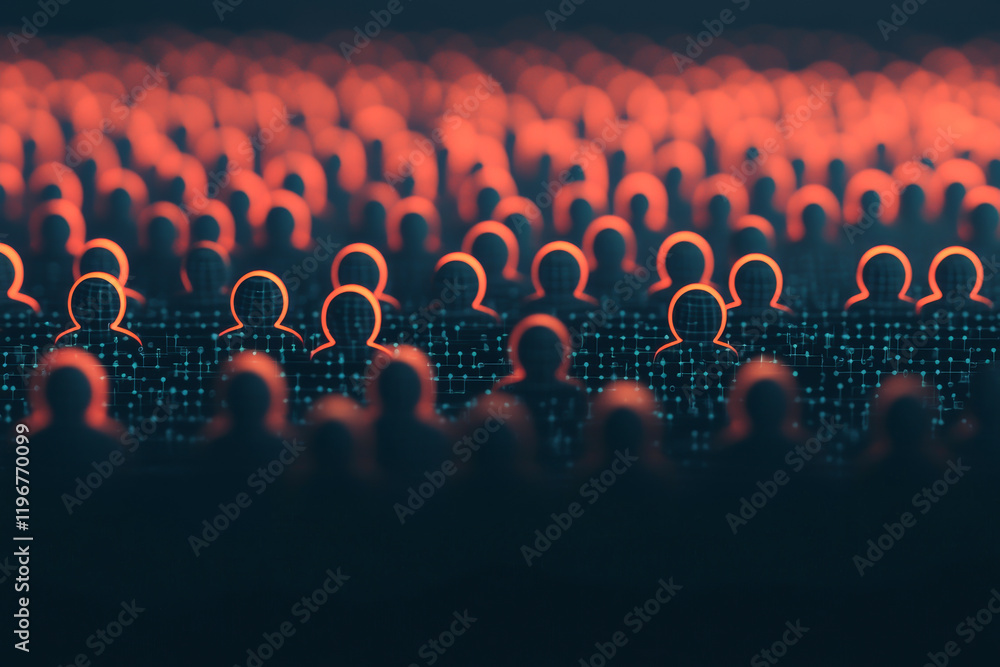 Poster abstract representation of digital community with glowing avatars in a networked environment.
