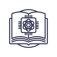 Open book with an atom symbol, representing the fusion of knowledge and technology.