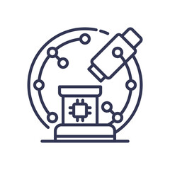Microscope and microchip symbolize MachineAidedAnalysis, merging technology and research.