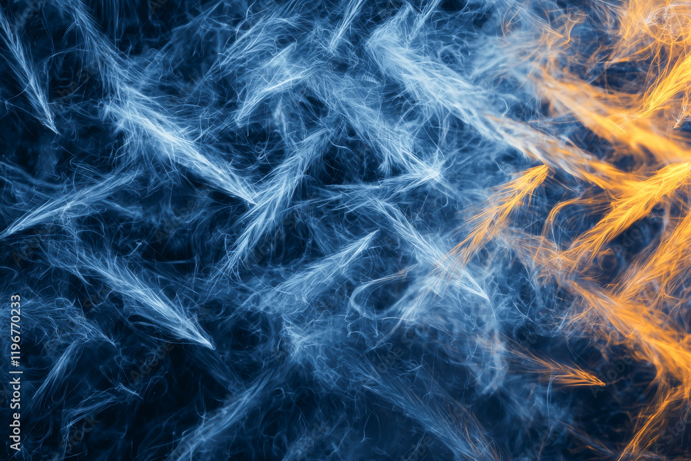 Poster abstract swirling patterns of blue and orange smoke, creating a dynamic artistic effect.