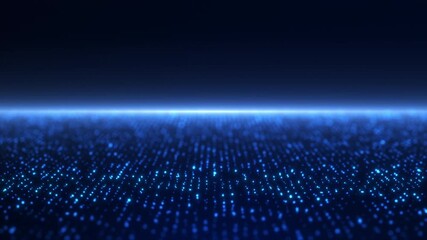 Digital sci fi glowing wavy dots on dark technology sunrise background. Flowing shiny fantasy blue particles waves screensaver. 4k 60fps looped graphic.