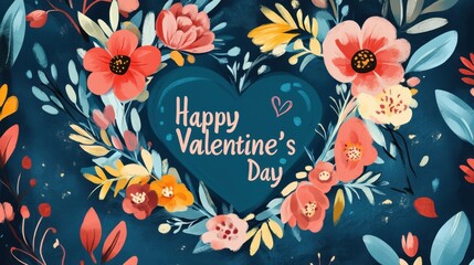 An illustrated Valentine's Day card design featuring a heart-shaped wreath made of flowers, with a Happy Valentine's Day message.