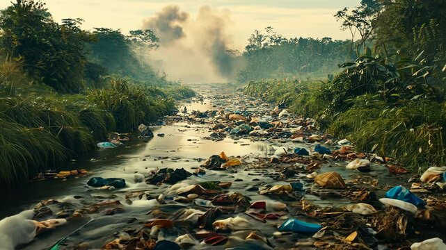 Pollution in a river reflects the urgent need for environmental action in a degraded landscape