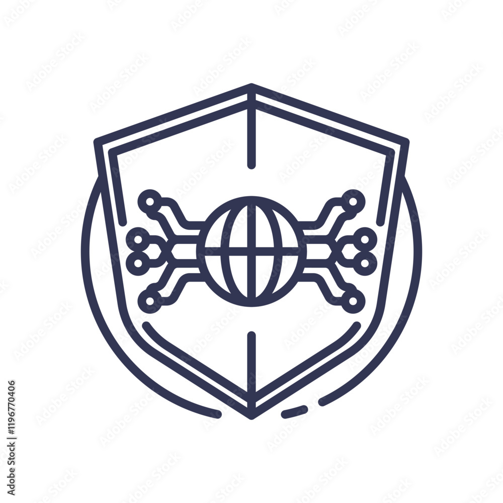 Poster shield with circuit and globe symbolizes network protection and cybersecurity.