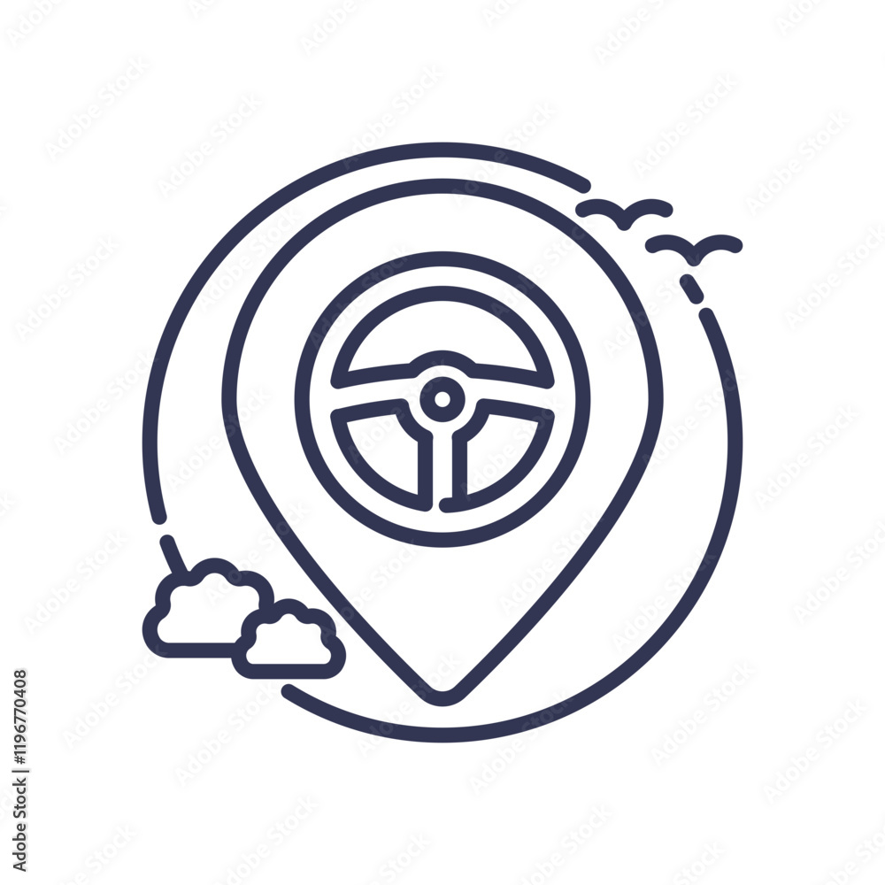 Poster steering wheel inside a location pin symbolizes navigation and control.