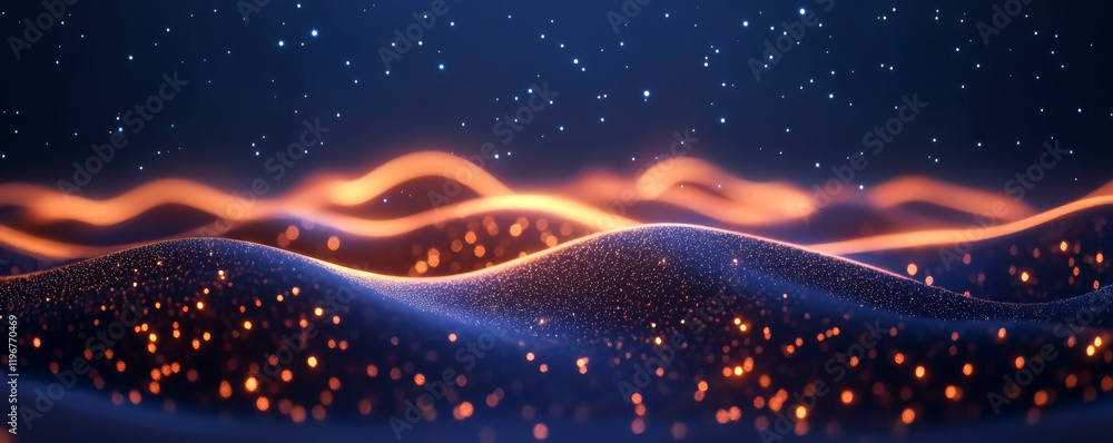 Poster an abstract representation of glowing waves and sparkles in a dark background.
